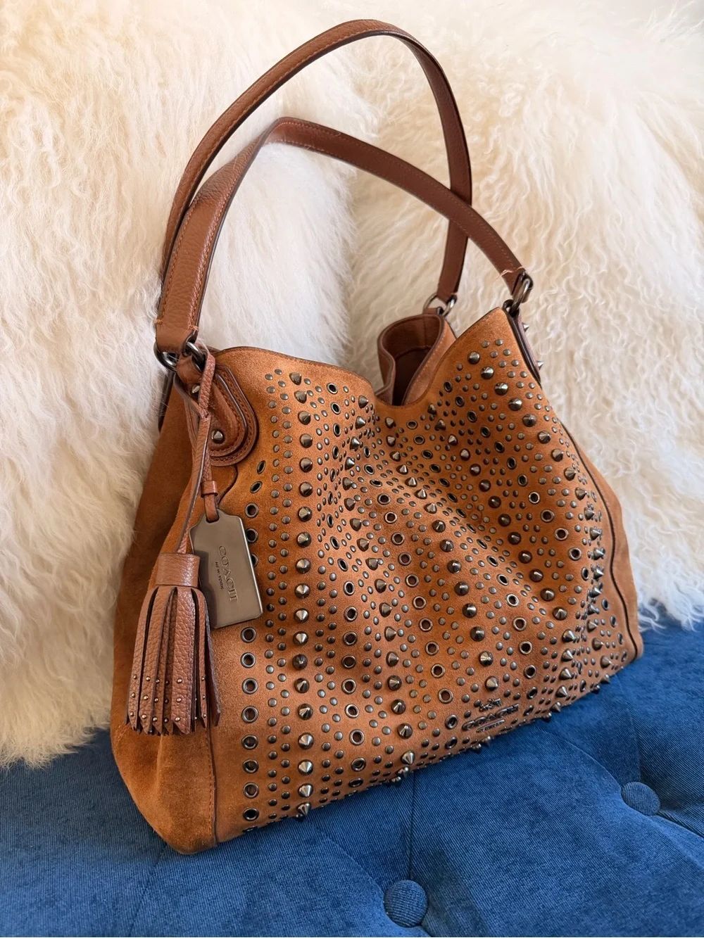 Coach Tan Studded Suede Shoulder Hobo